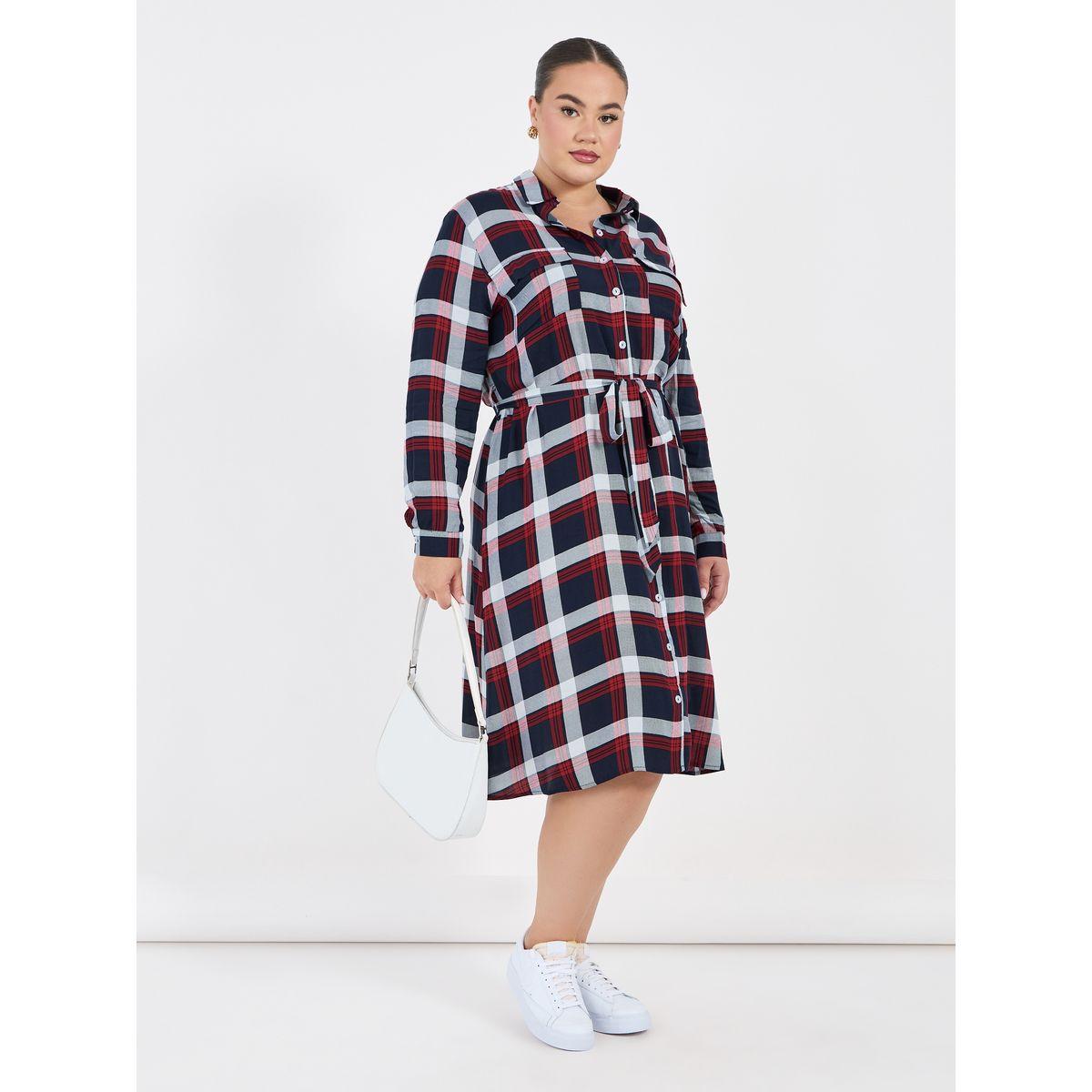 Styli Plus Size Checked Shirt Midi Dress with Tie Belt-women-clothing-dresses-image-1