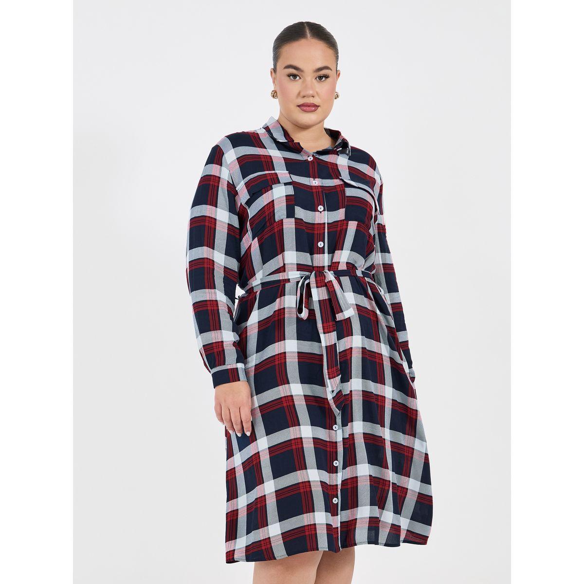 فستان ميدي بمقاس كبير وطبعة مربعات مع حزام خصر-women-clothing-dresses-image-2
