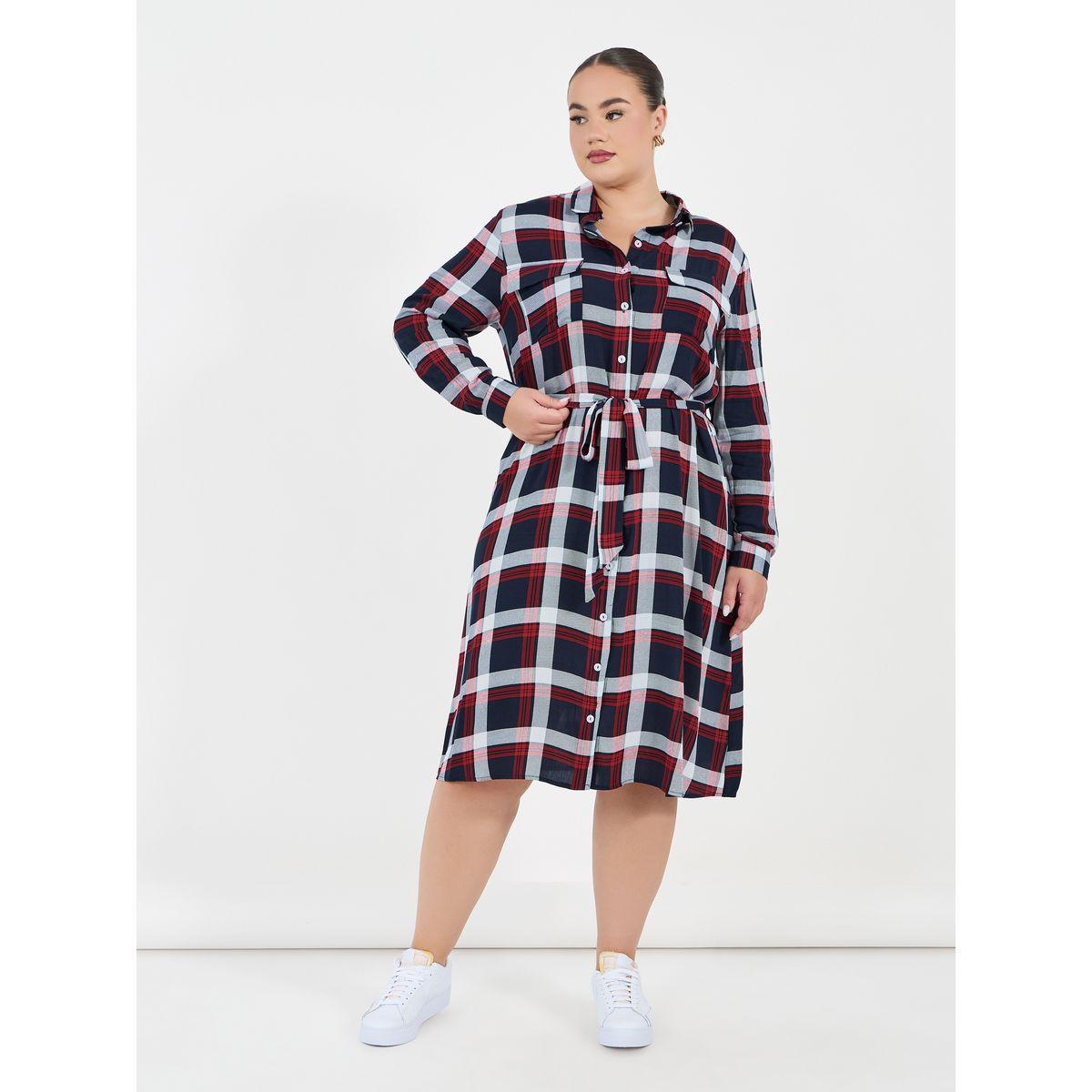 Styli Plus Size Checked Shirt Midi Dress with Tie Belt-women-clothing-dresses-image-4