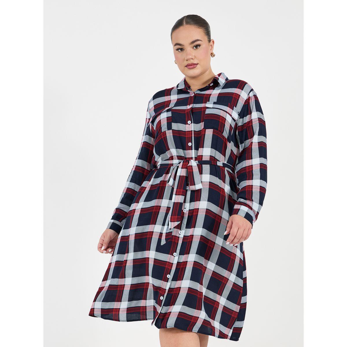 Styli Plus Size Checked Shirt Midi Dress with Tie Belt-women-clothing-dresses-image-5