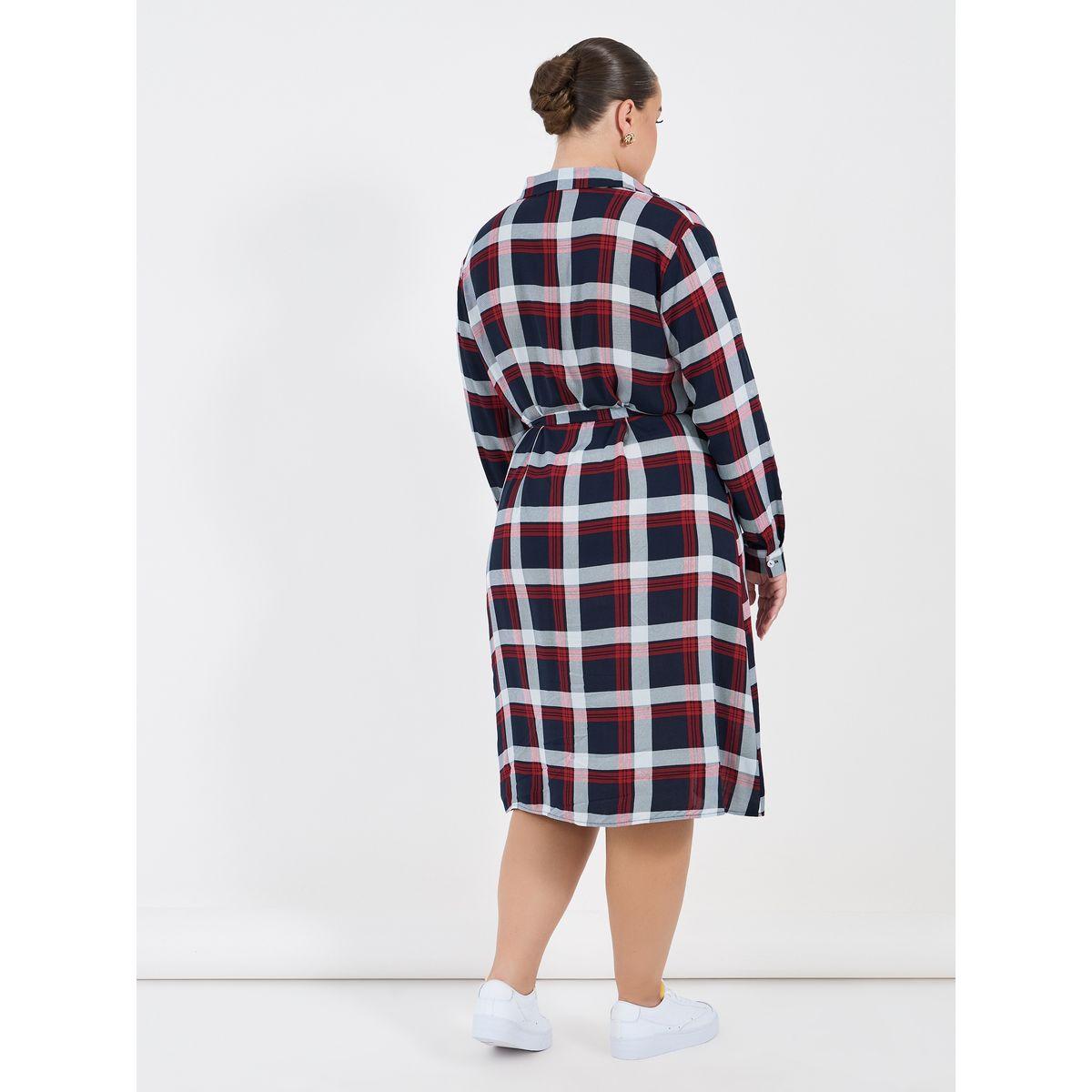 Styli Plus Size Checked Shirt Midi Dress with Tie Belt-women-clothing-dresses-image-6
