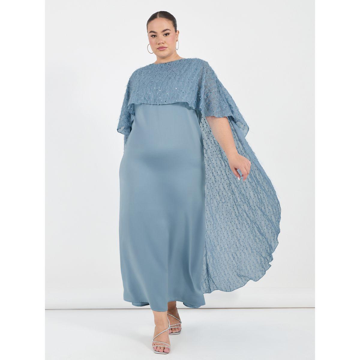 Styli Plus Size Embellished Cape Sleeves A-Line Maxi Dress-women-clothing-dresses-image-1