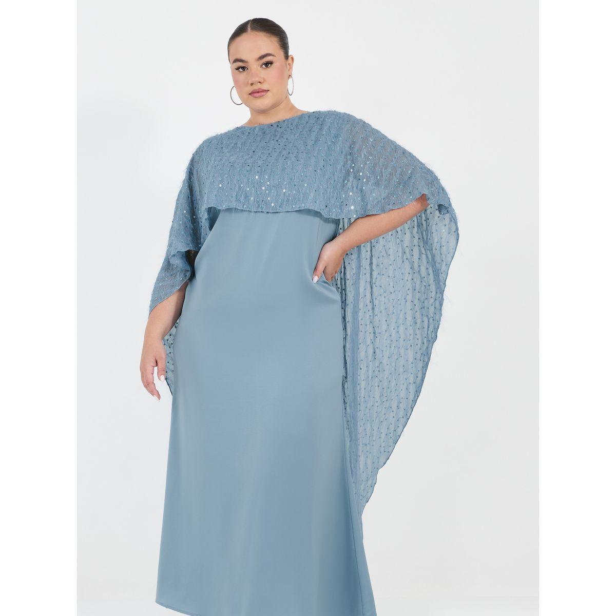 Styli Plus Size Embellished Cape Sleeves A-Line Maxi Dress-women-clothing-dresses-image-2