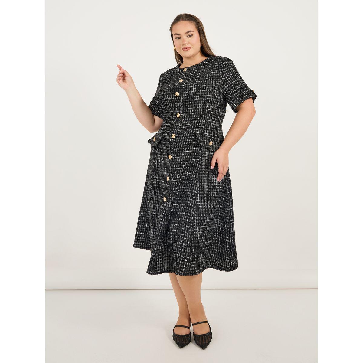Styli Plus Size Short Sleeves A-Line Tweed Midi Dress-women-clothing-dresses-image-1