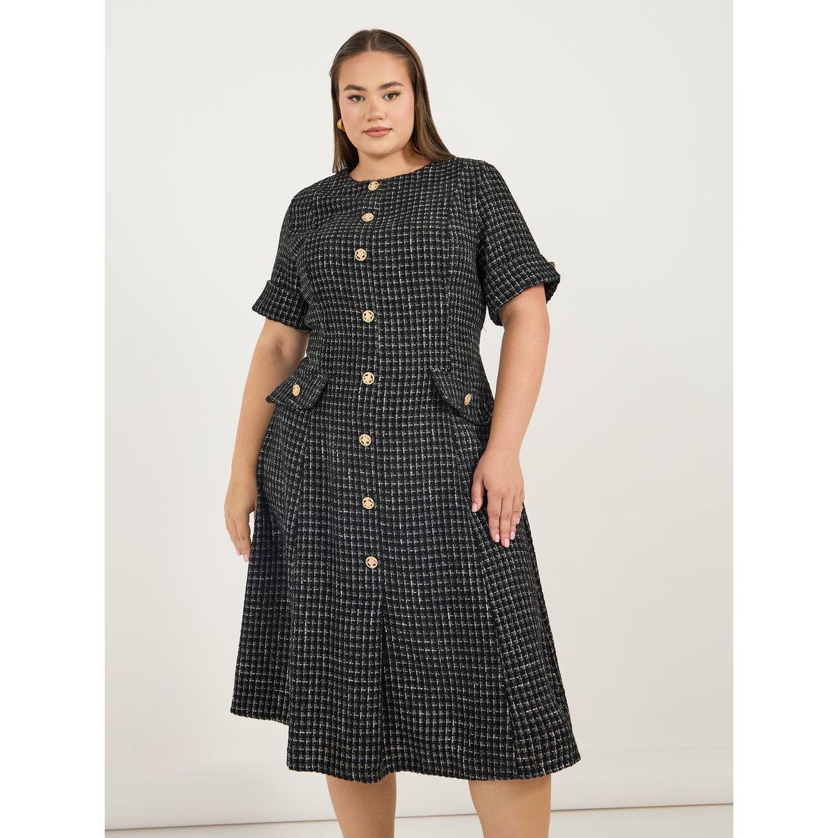 Styli Plus Size Short Sleeves A-Line Tweed Midi Dress-women-clothing-dresses-image-2