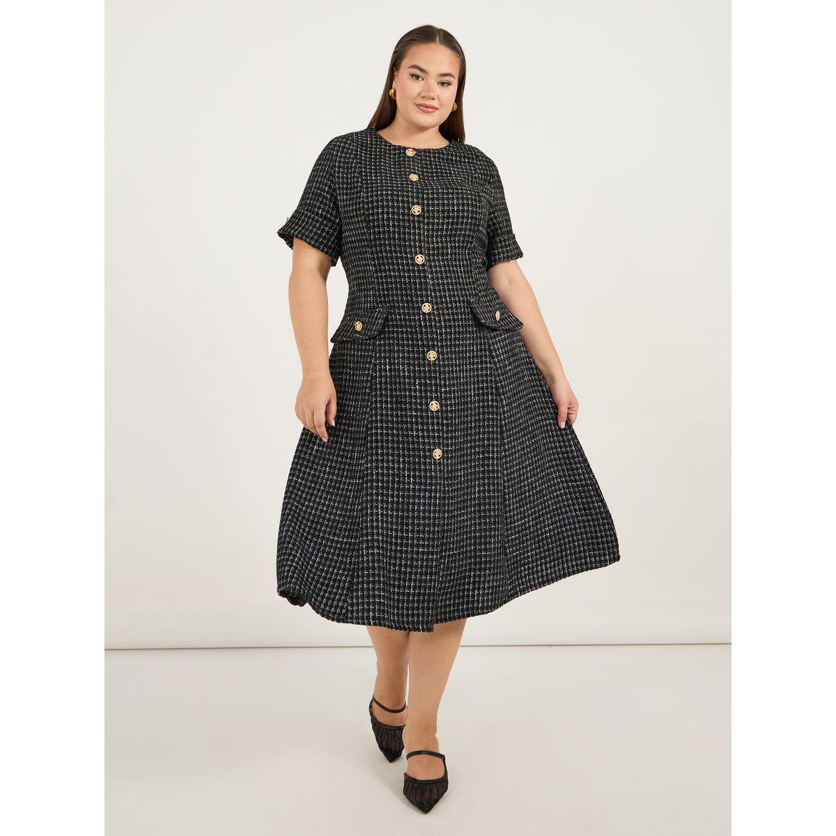 Styli Plus Size Short Sleeves A-Line Tweed Midi Dress-women-clothing-dresses-image-4