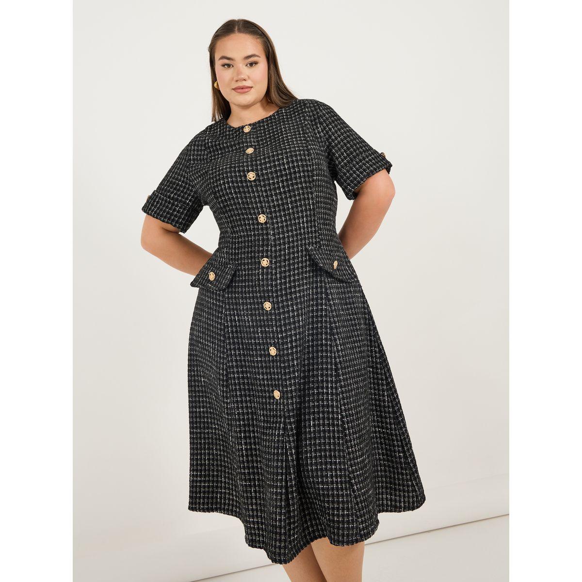 Styli Plus Size Short Sleeves A-Line Tweed Midi Dress-women-clothing-dresses-image-5