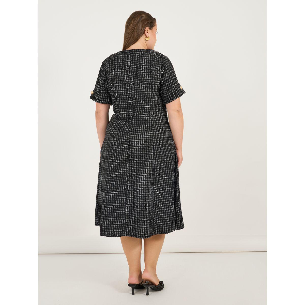 Styli Plus Size Short Sleeves A-Line Tweed Midi Dress-women-clothing-dresses-image-6