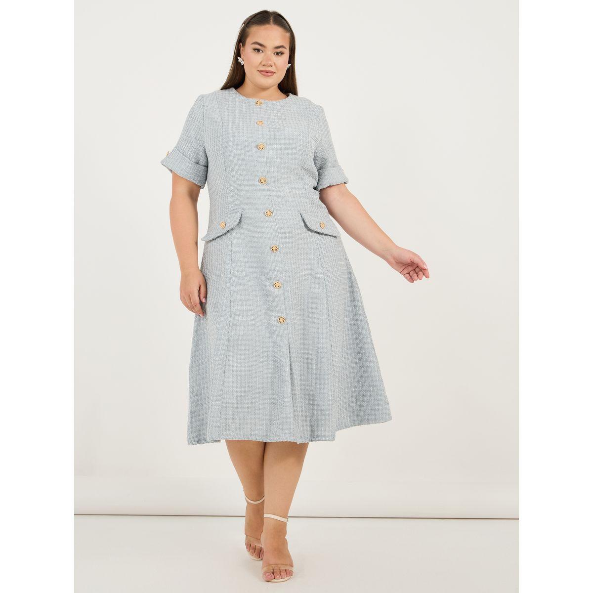 Styli Plus Size Short Sleeves A-Line Tweed Midi Dress-women-clothing-dresses-image-1