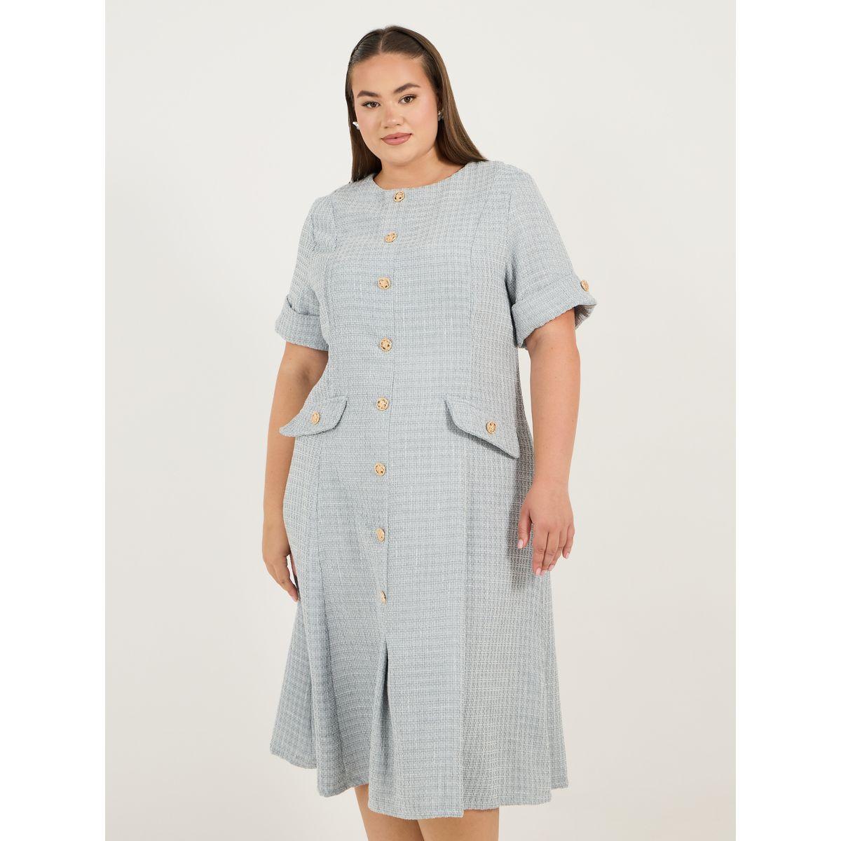 Styli Plus Size Short Sleeves A-Line Tweed Midi Dress-women-clothing-dresses-image-2