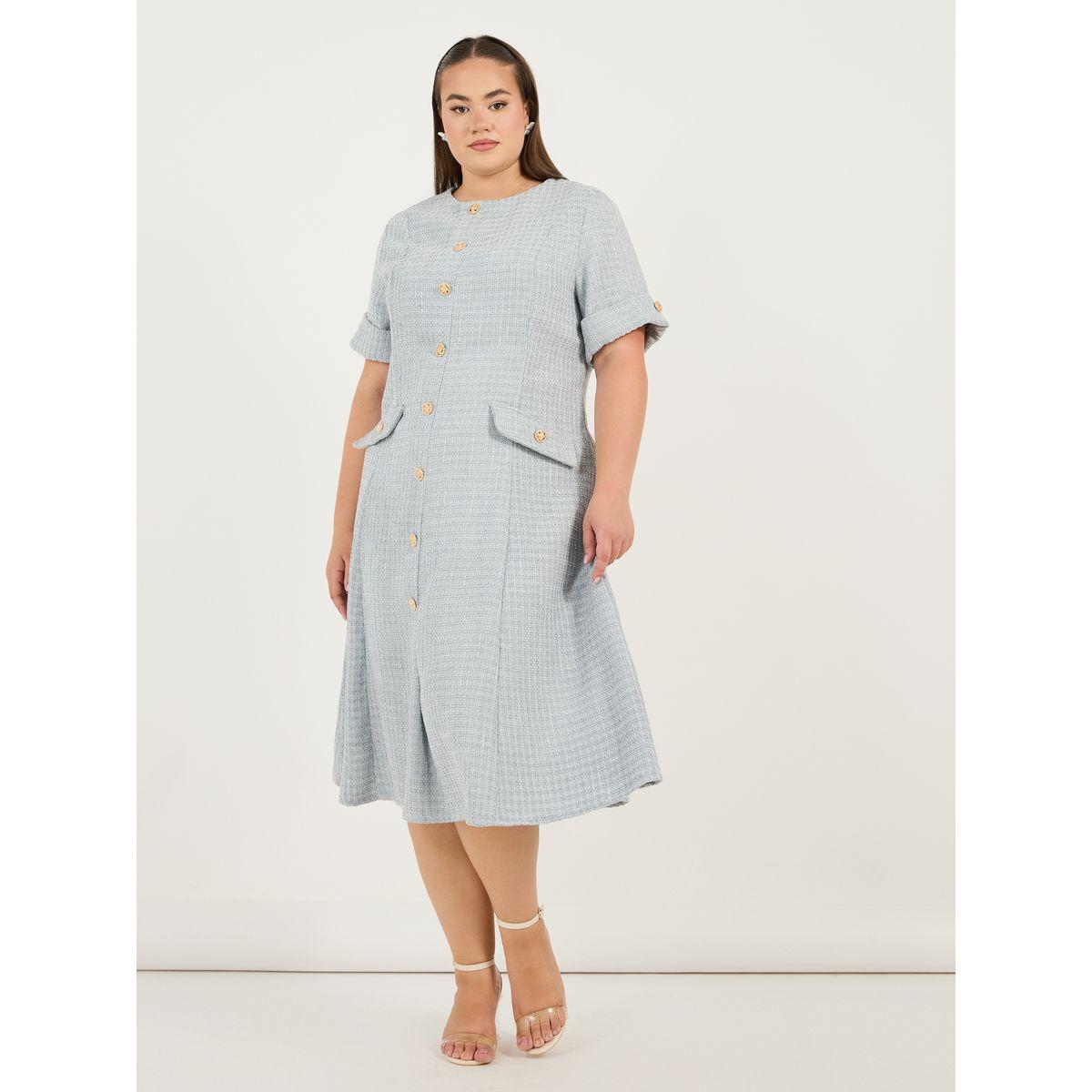 Styli Plus Size Short Sleeves A-Line Tweed Midi Dress-women-clothing-dresses-image-4