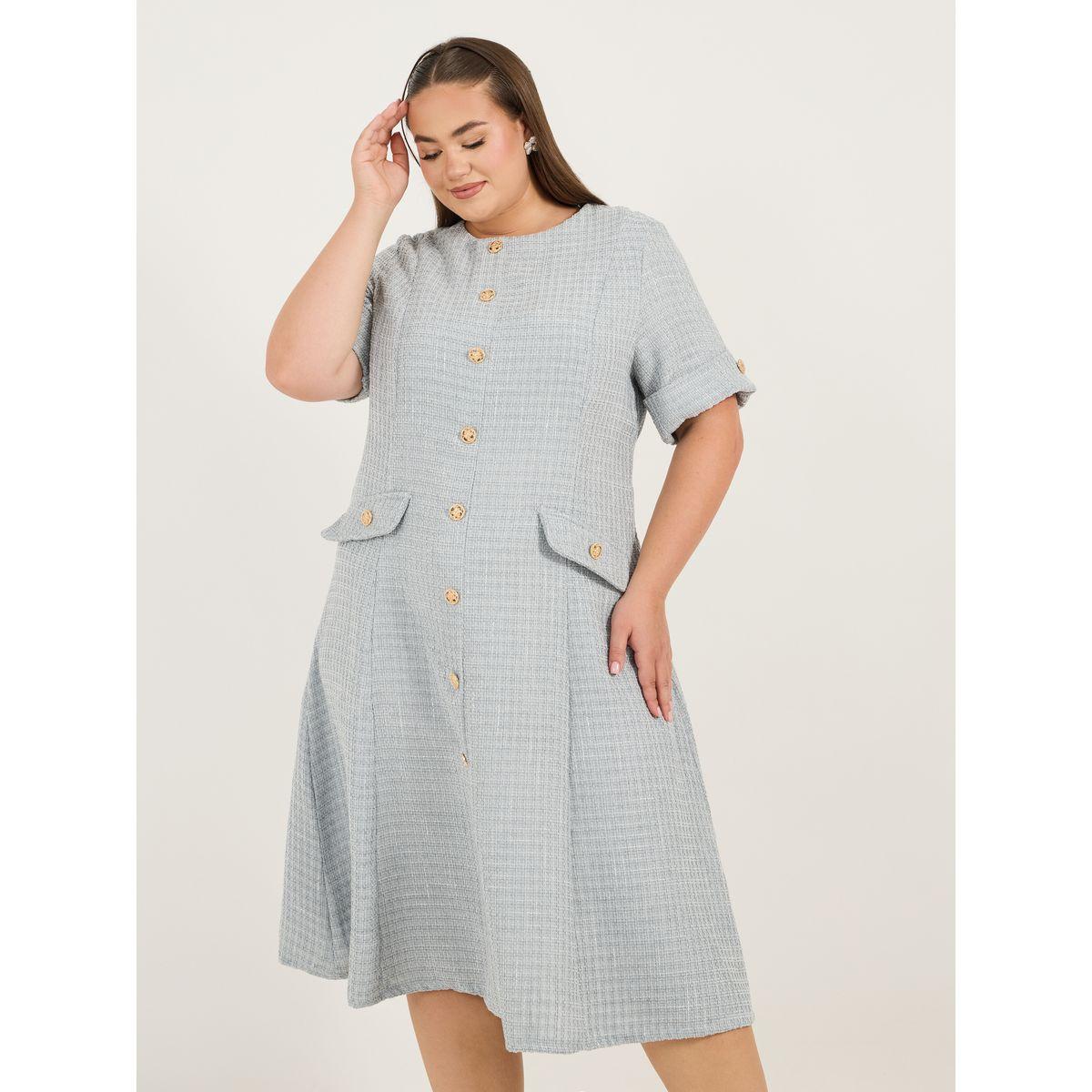 Styli Plus Size Short Sleeves A-Line Tweed Midi Dress-women-clothing-dresses-image-5