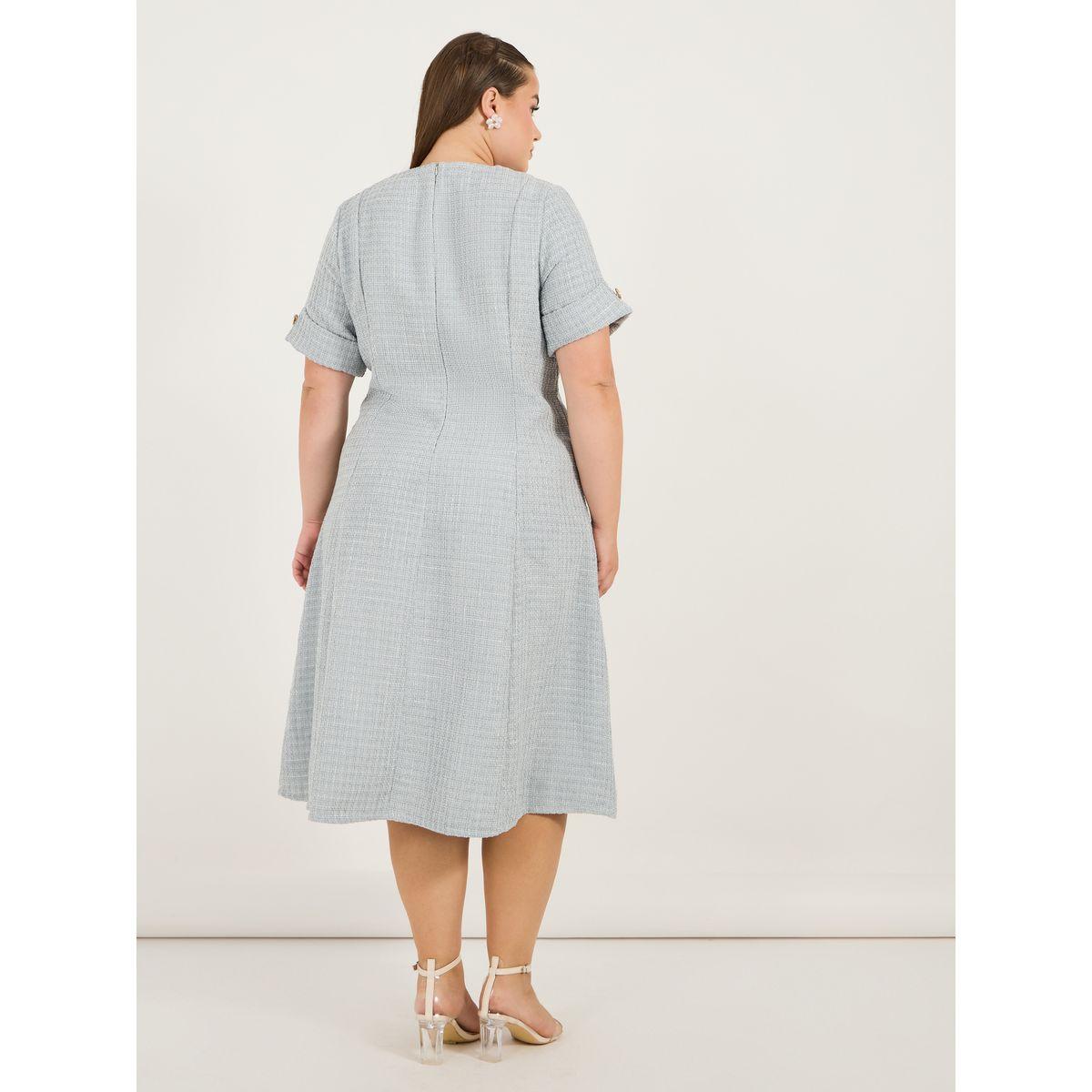 Styli Plus Size Short Sleeves A-Line Tweed Midi Dress-women-clothing-dresses-image-6