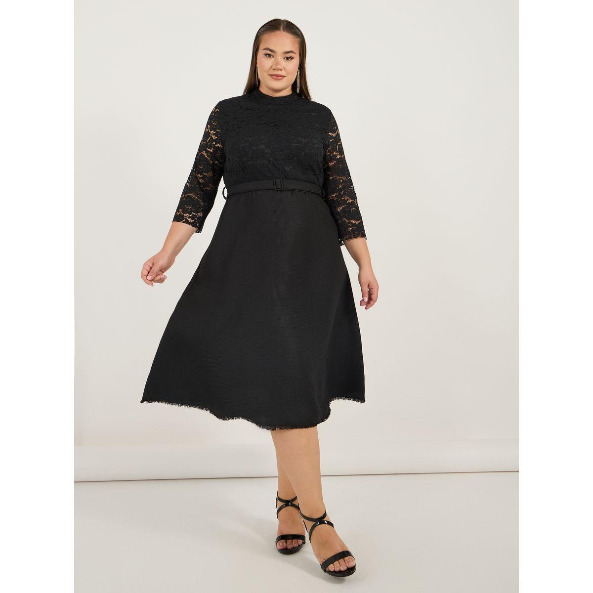 Styli Plus Size Lace Insert A-Line Midi Dress with Belt-women-clothing-dresses-image-1