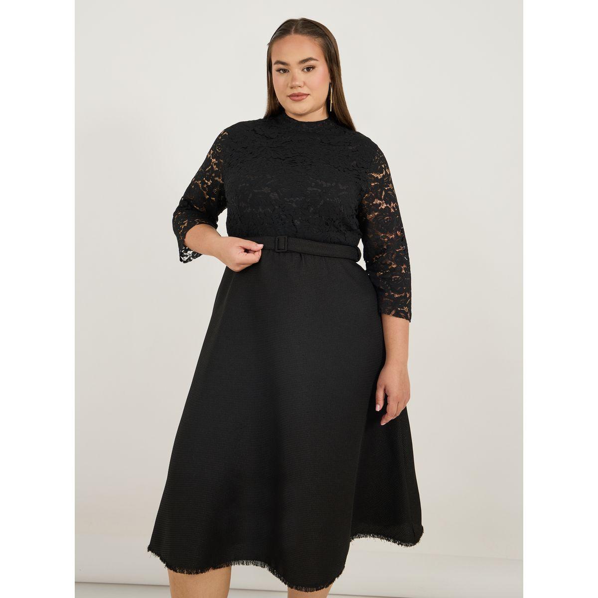 Styli Plus Size Lace Insert A-Line Midi Dress with Belt-women-clothing-dresses-image-2