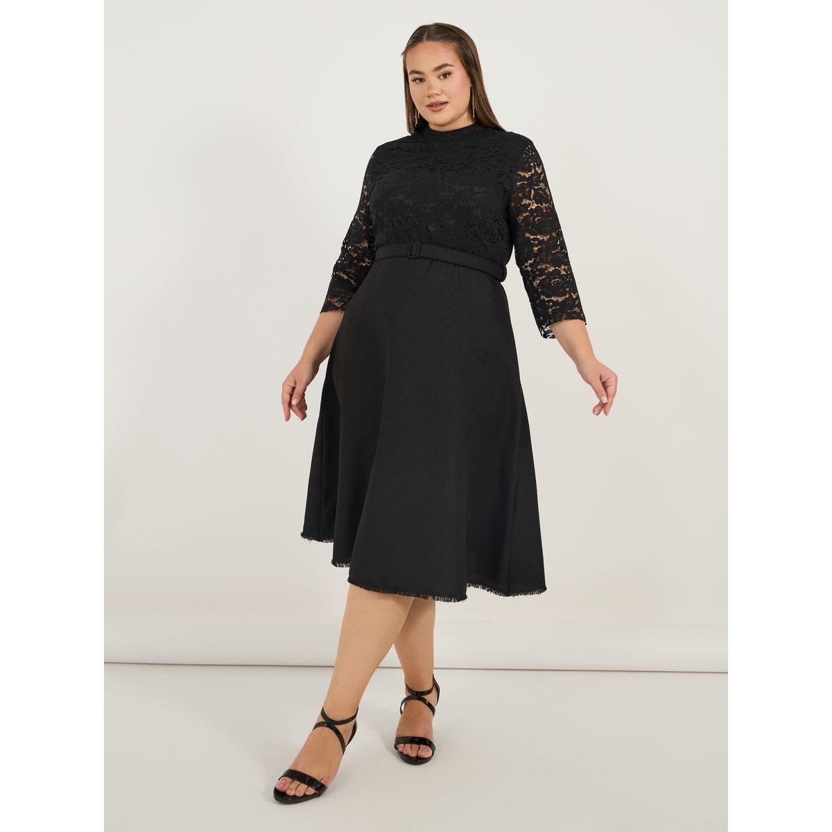 فستان ميدي بمقاس كبير وتفاصيل دانتيل مع حزام-women-clothing-dresses-image-4