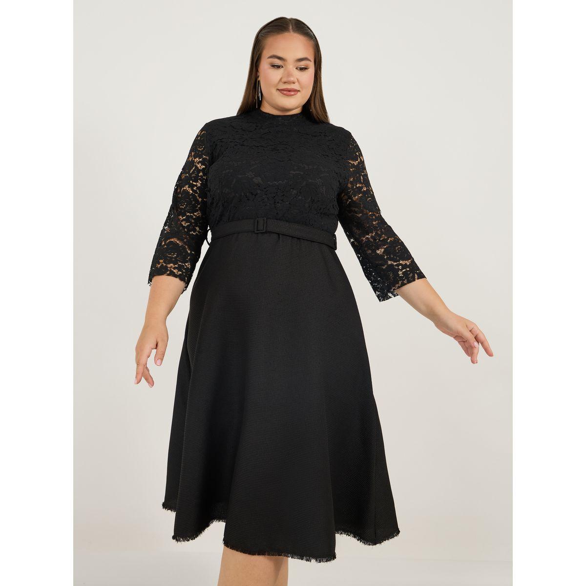 فستان ميدي بمقاس كبير وتفاصيل دانتيل مع حزام-women-clothing-dresses-image-5