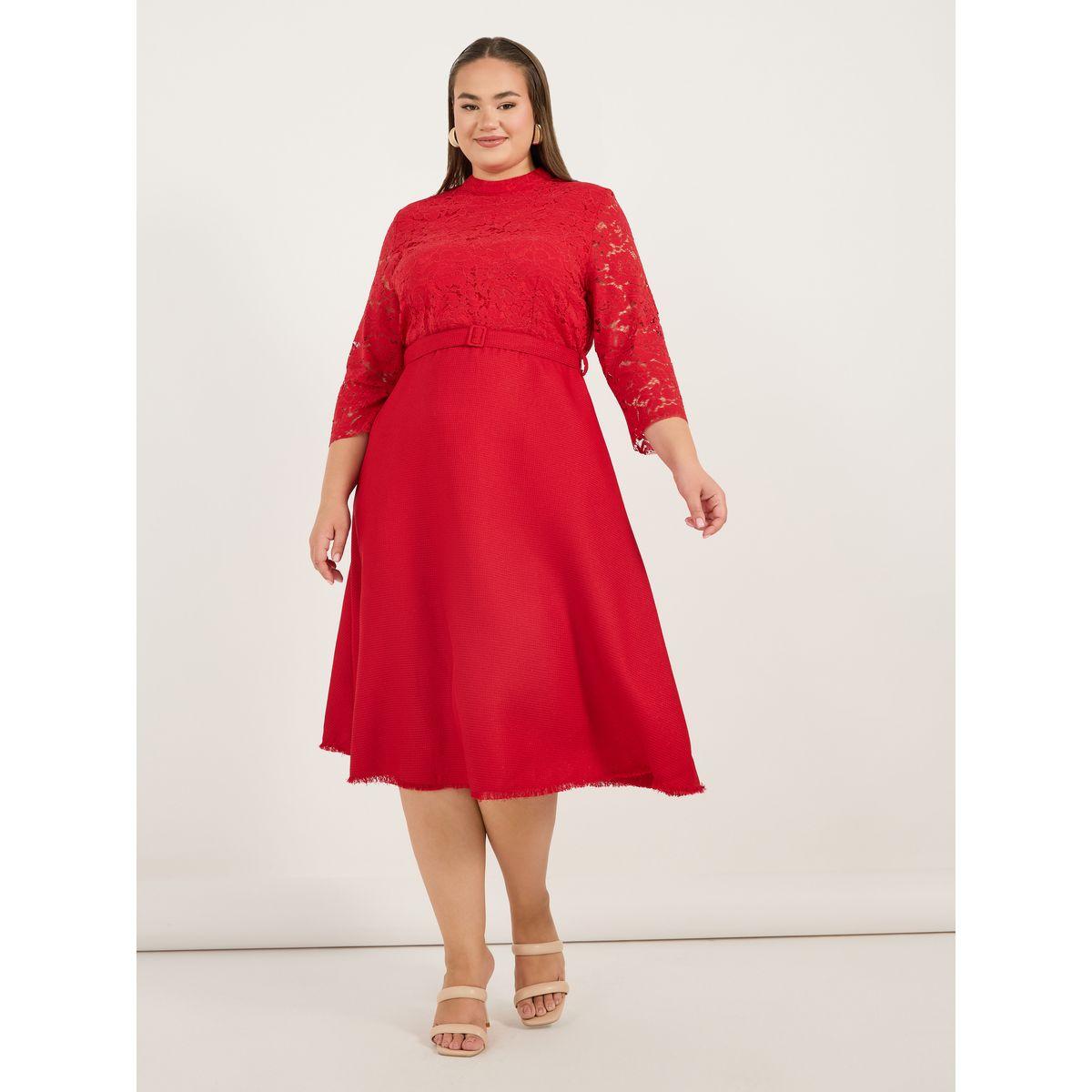 Styli Plus Size Lace Insert A-Line Midi Dress with Belt-women-clothing-dresses-image-1