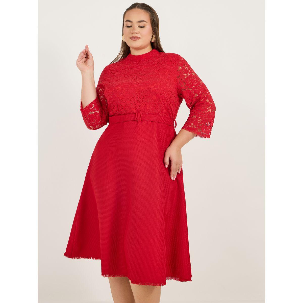 Styli Plus Size Lace Insert A-Line Midi Dress with Belt-women-clothing-dresses-image-2
