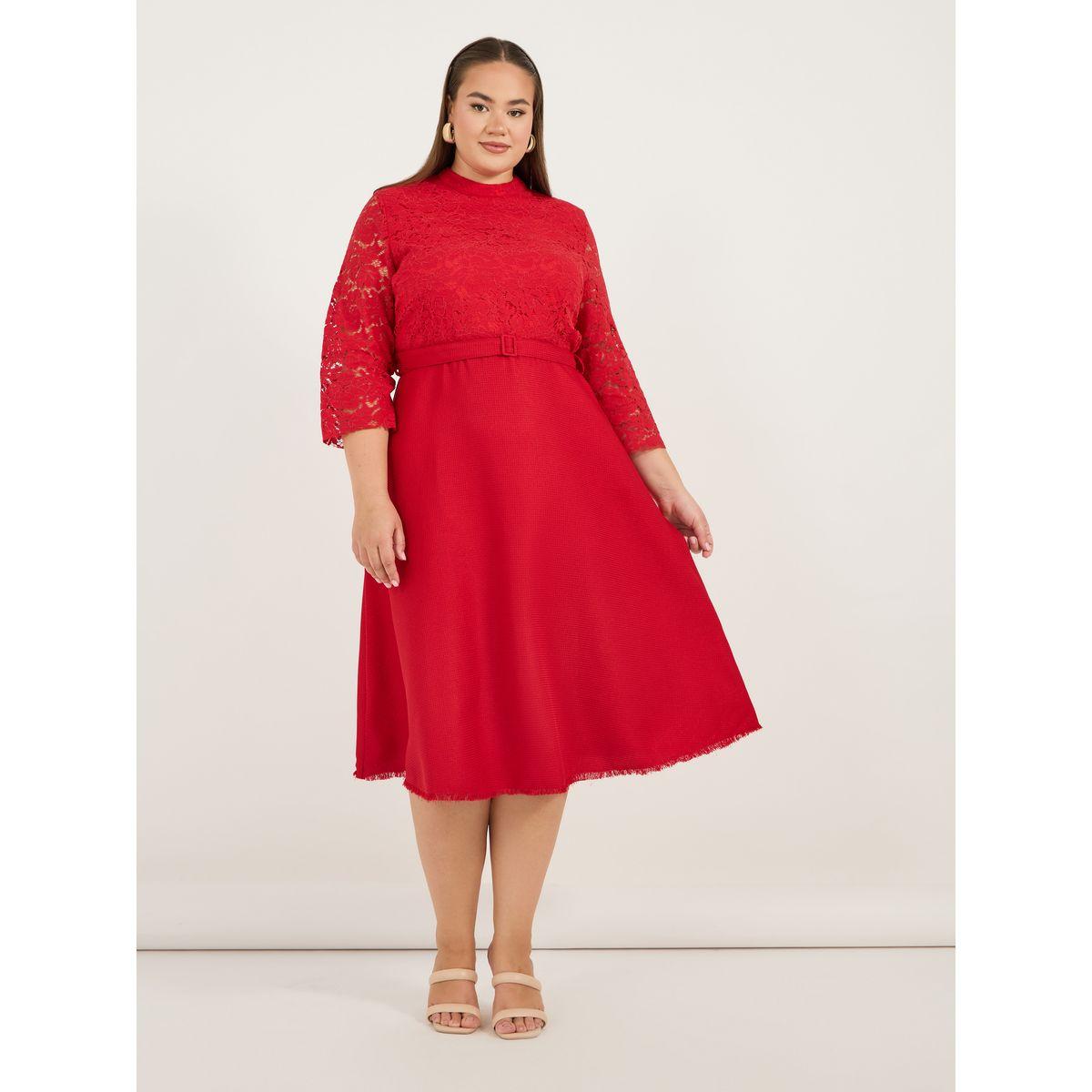 Styli Plus Size Lace Insert A-Line Midi Dress with Belt-women-clothing-dresses-image-4