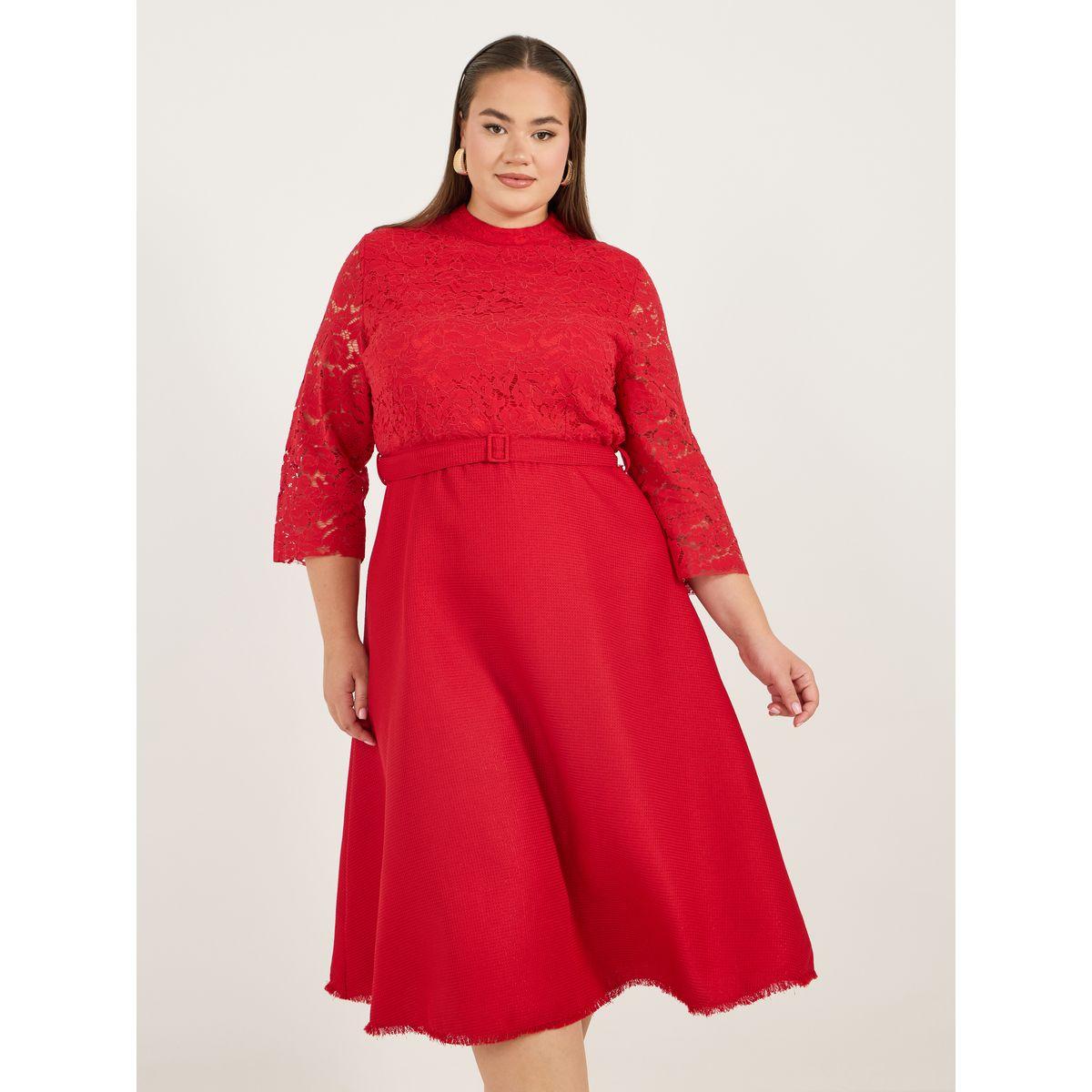 Styli Plus Size Lace Insert A-Line Midi Dress with Belt-women-clothing-dresses-image-5
