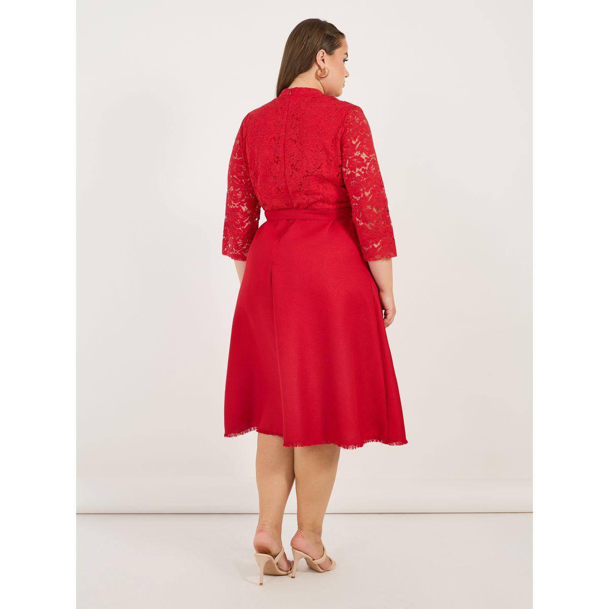 Styli Plus Size Lace Insert A-Line Midi Dress with Belt-women-clothing-dresses-image-6