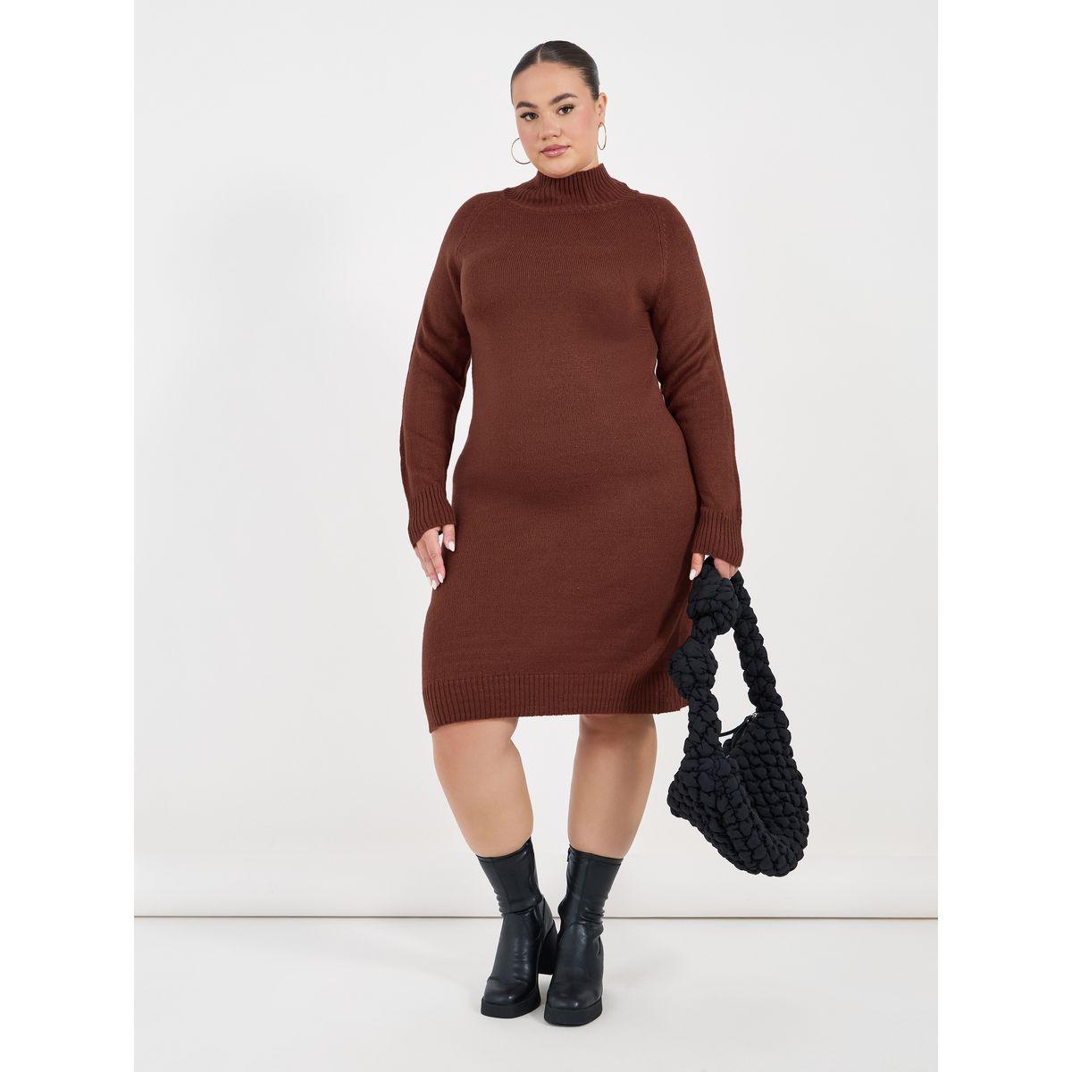 Styli Plus Size Long Sleeves Knitted Sweater Knee Length Dress-women-clothing-dresses-image-4