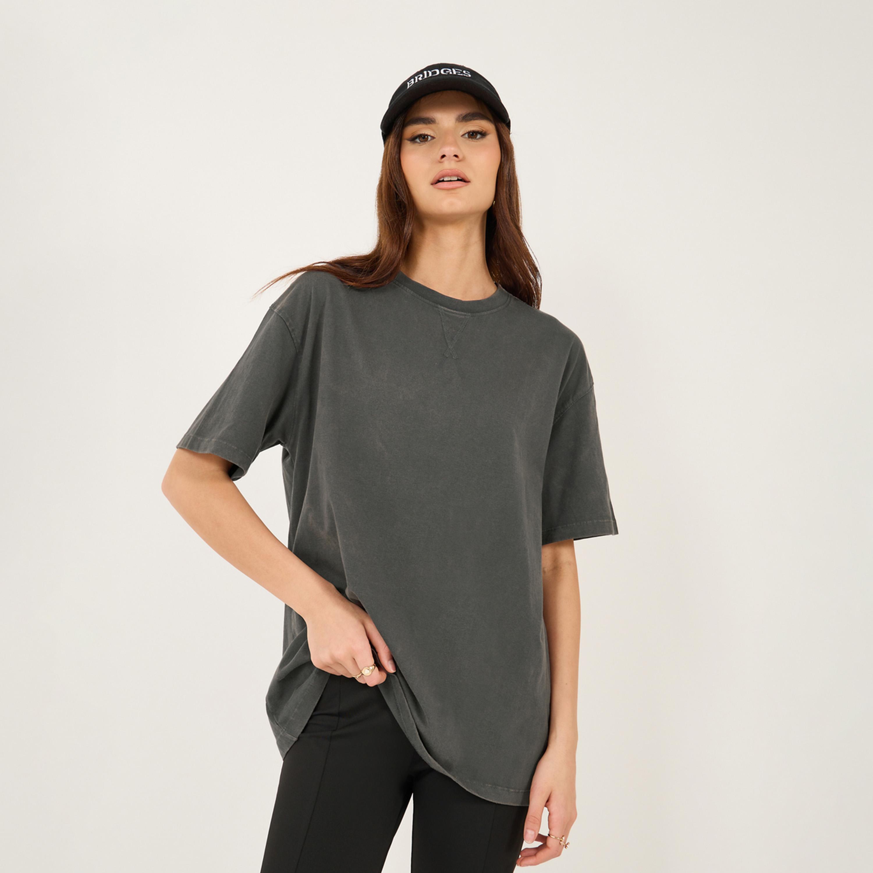 ستايلي - تي شيرت باهت ذو رقبة مستديرة كبير الحجم-women-clothing-tshirts-image-1