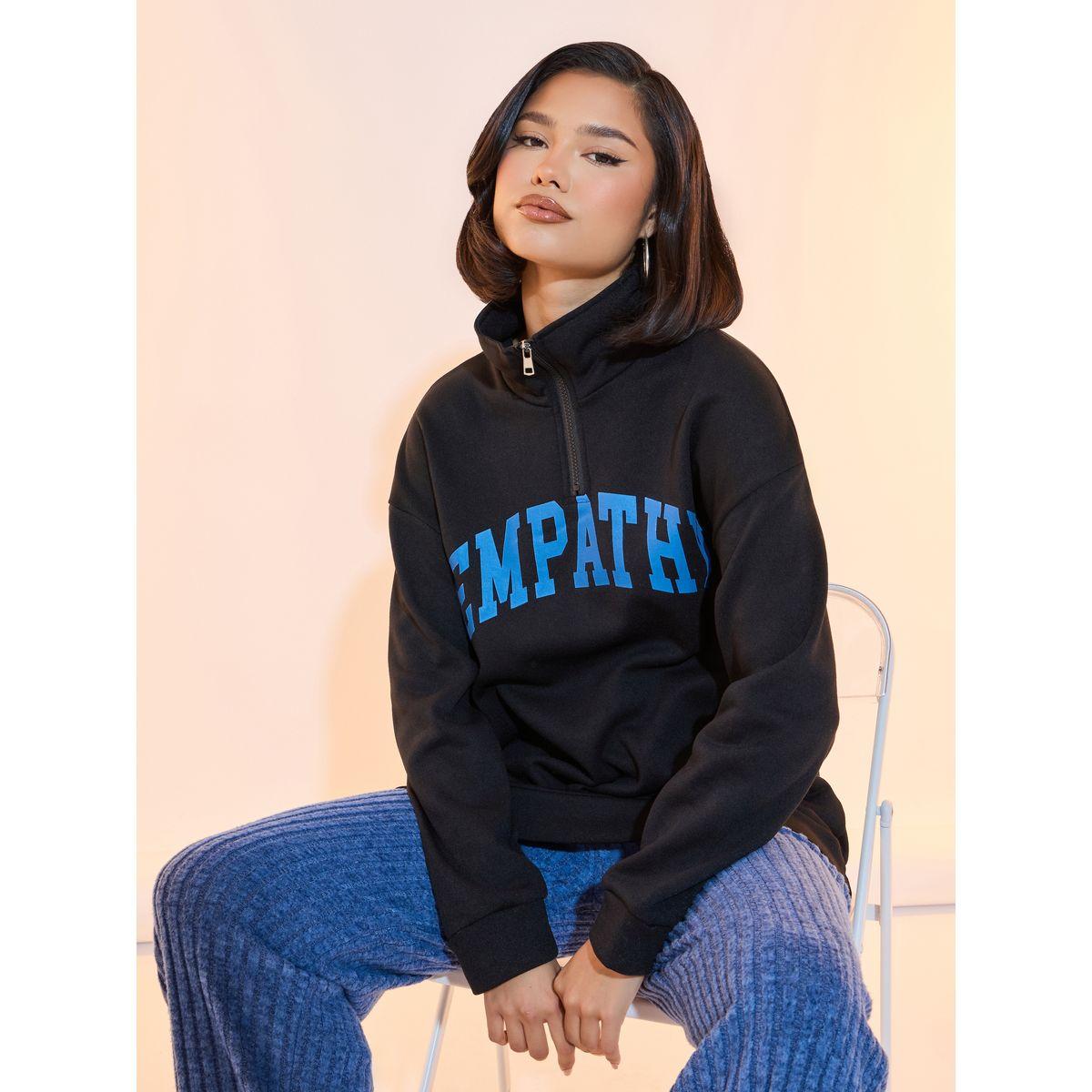 Take Two Slogan Print Drop Shoulder Half-Zipper Sweatshirt-women-winterwear-hoodiesandsweatshirts-sweatshirts-image-1