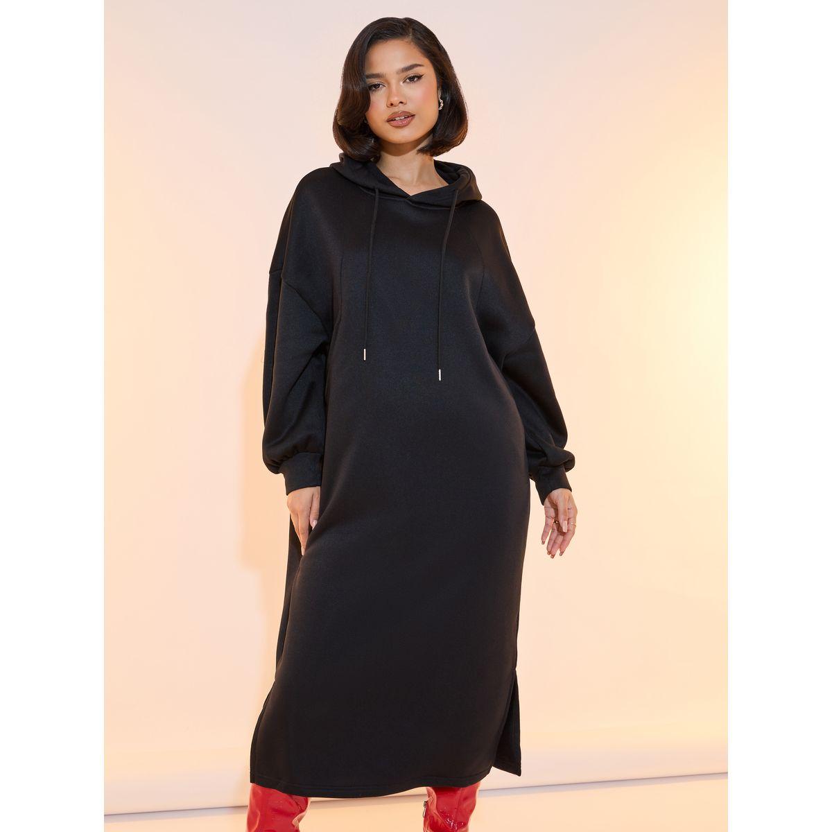Take Two Solid Drop Shoulder Hooded Sweatshirt Midi Dress-women-clothing-dresses-image-2
