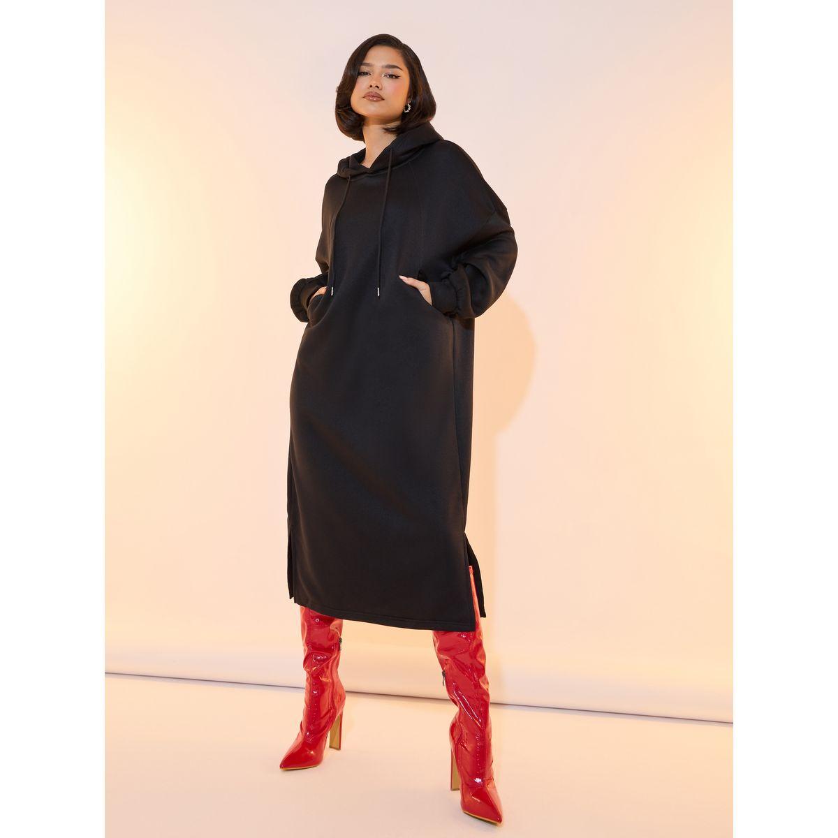 Take Two Solid Drop Shoulder Hooded Sweatshirt Midi Dress-women-clothing-dresses-image-4