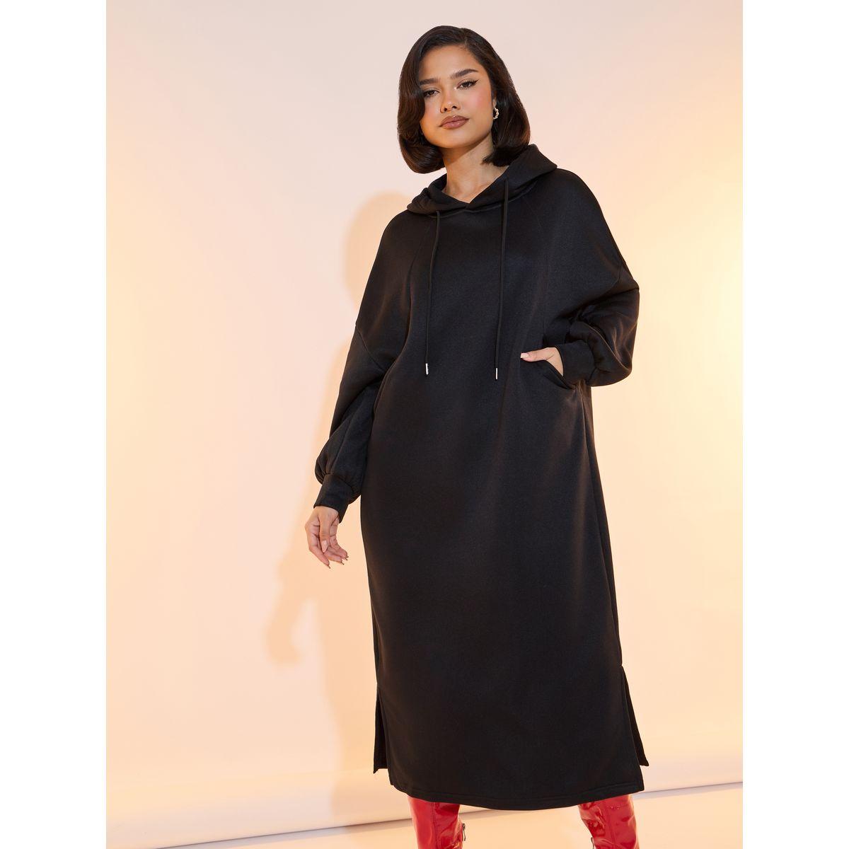 Take Two Solid Drop Shoulder Hooded Sweatshirt Midi Dress-women-clothing-dresses-image-5