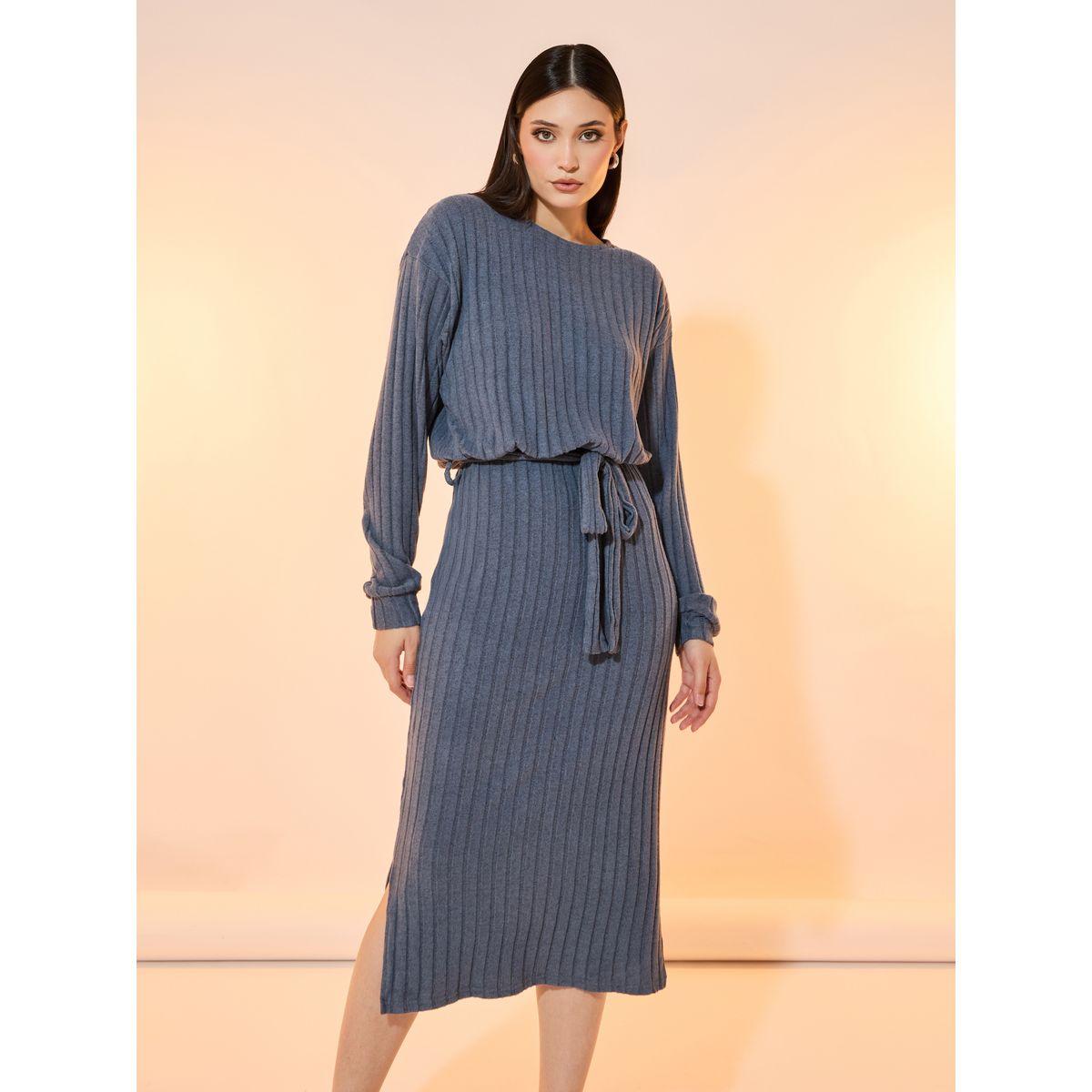 فستان ميدي بلوسون محبوك بتفاصيل مضلعة-women-clothing-dresses-image-2