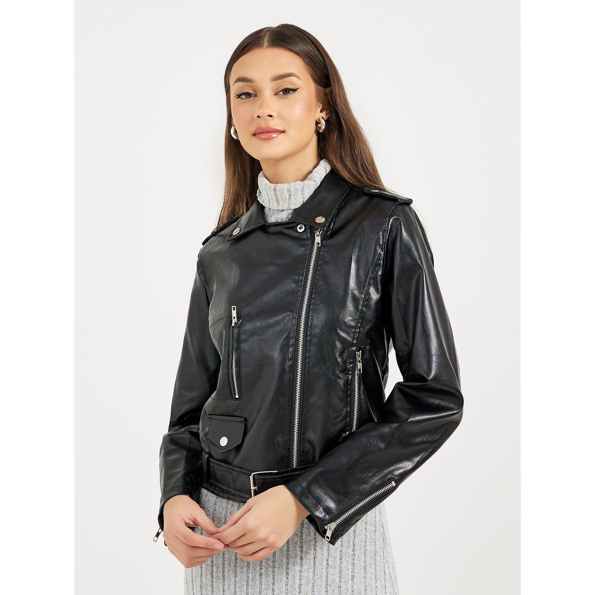 Styli Regular Fit Short Length Leather Look Biker Jacket-women-winterwear-coatsandjackets-jackets-image-1