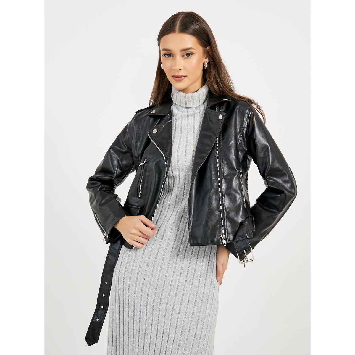 Styli Regular Fit Short Length Leather Look Biker Jacket-women-winterwear-coatsandjackets-jackets-image-2