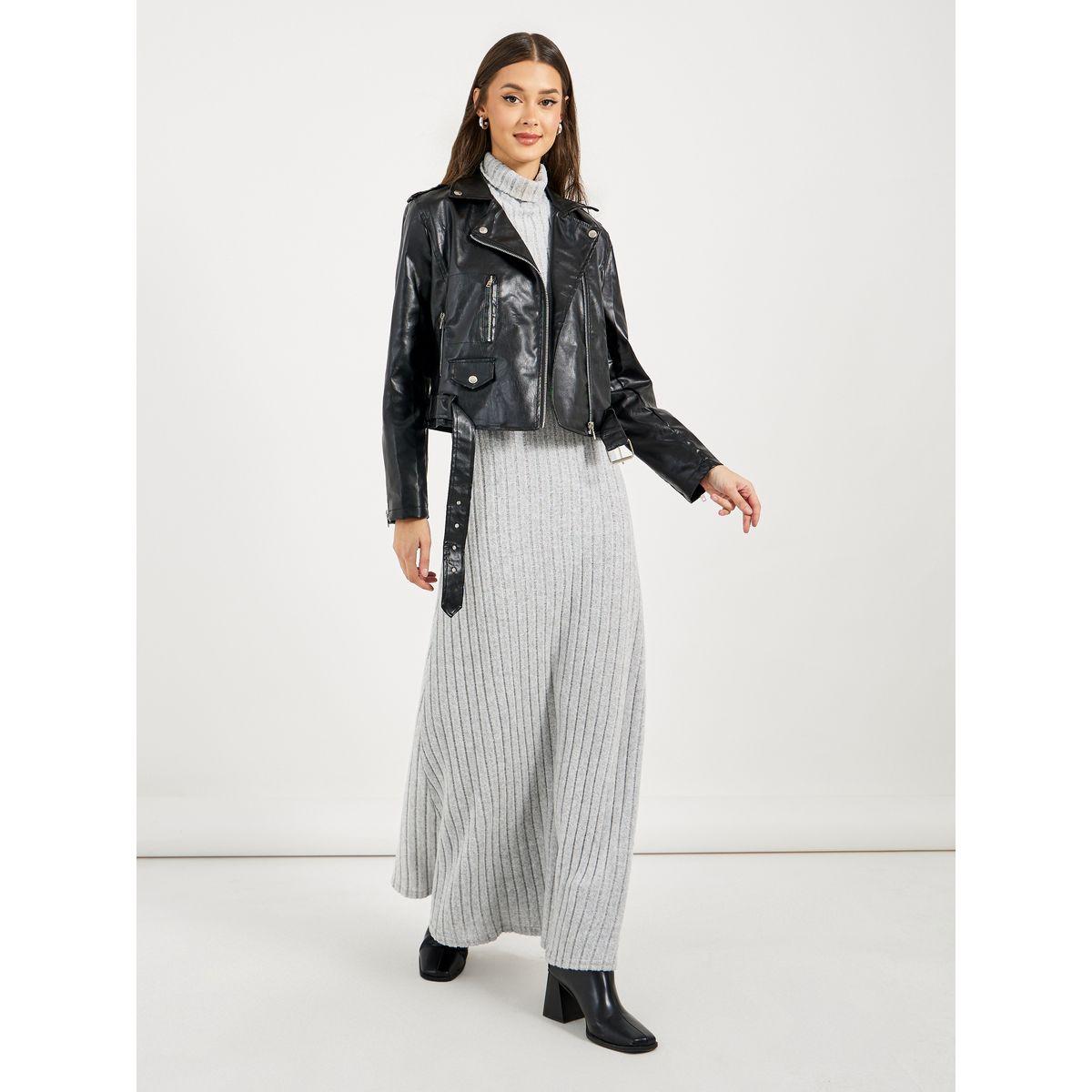 Styli Regular Fit Short Length Leather Look Biker Jacket-women-winterwear-coatsandjackets-jackets-image-3