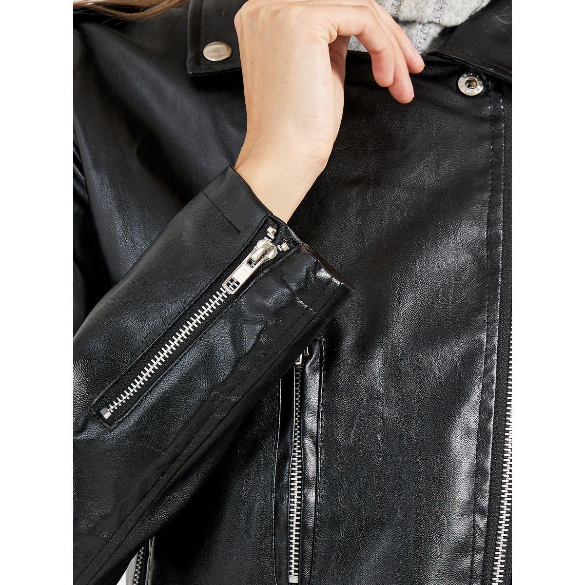 Styli Regular Fit Short Length Leather Look Biker Jacket-women-winterwear-coatsandjackets-jackets-image-4