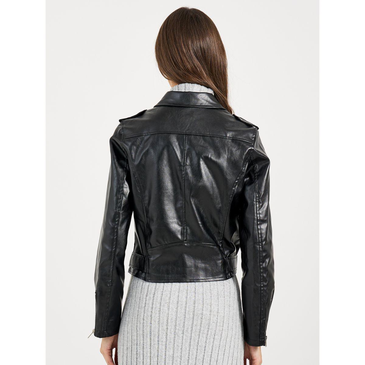 Styli Regular Fit Short Length Leather Look Biker Jacket-women-winterwear-coatsandjackets-jackets-image-5