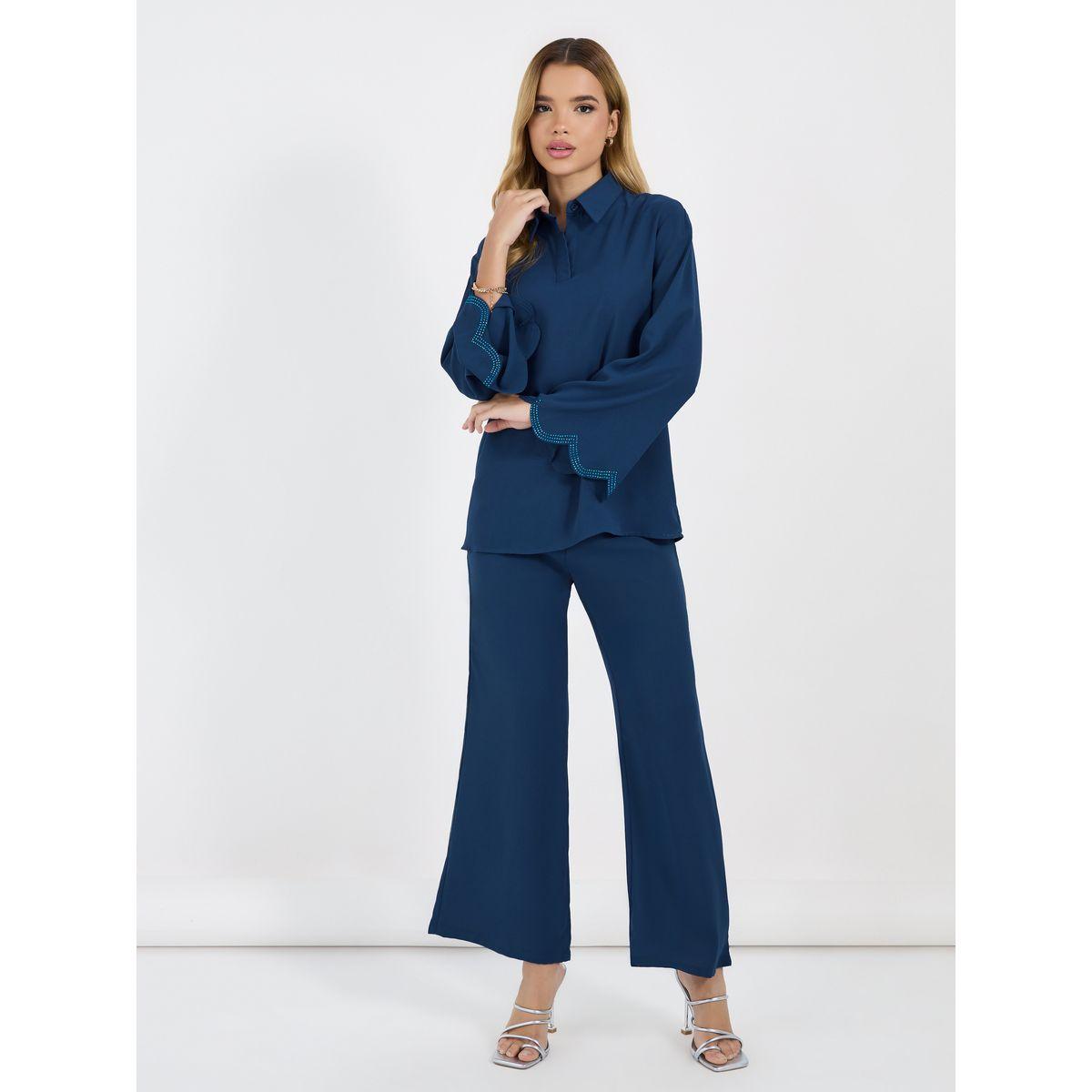 بنطال بأرجل واسعة وبلوزة كريب بتفاصيل بارزة الملمس-women-arabicclothing-sets-image-1