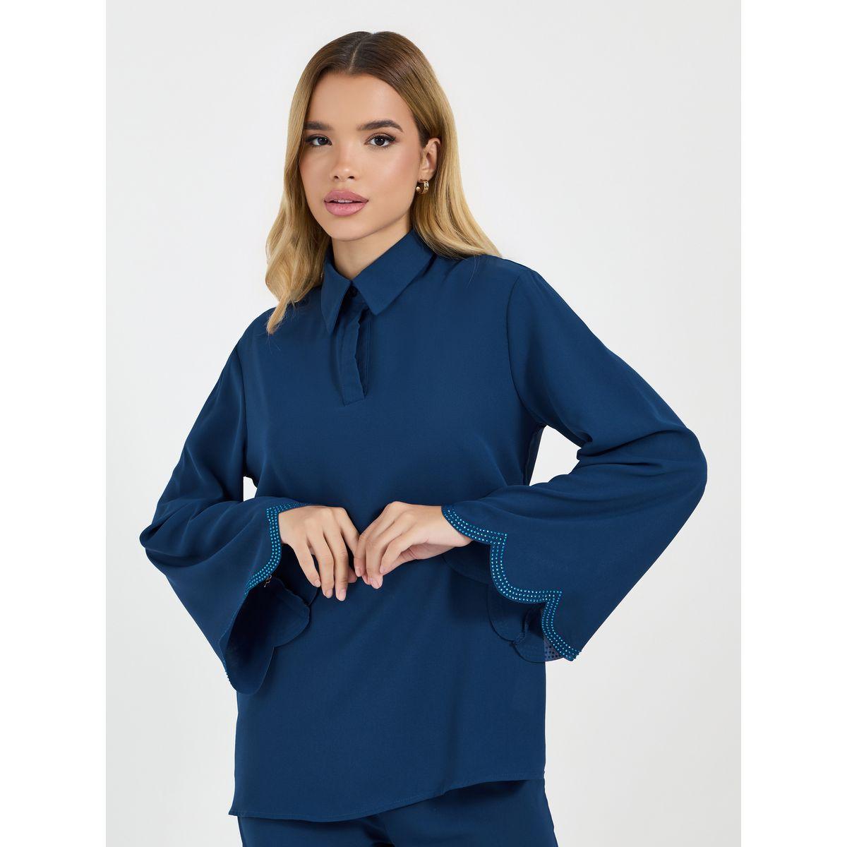 بنطال بأرجل واسعة وبلوزة كريب بتفاصيل بارزة الملمس-women-arabicclothing-sets-image-2