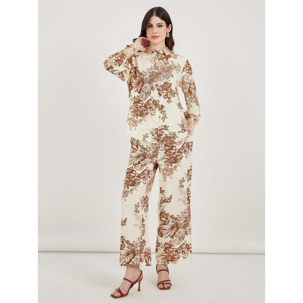 Amirah X Styli All Over Print Lace Insert Shirt & Straight Leg Pants Modest Set-women-clothing-coordsets-image-1