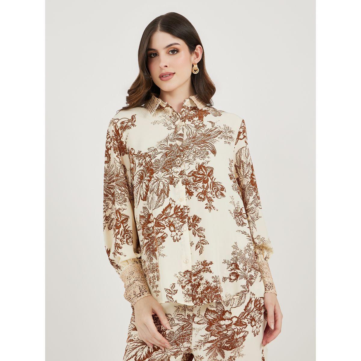 Amirah X Styli All Over Print Lace Insert Shirt & Straight Leg Pants Modest Set-women-clothing-coordsets-image-2