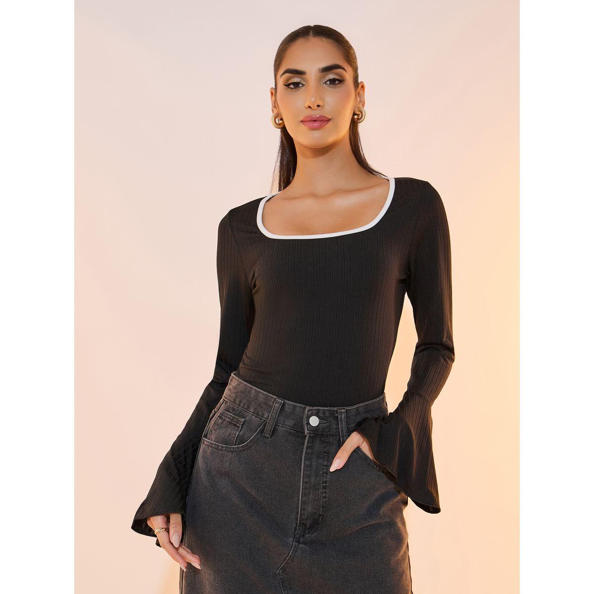بلوزة محبوكة بتفاصيل مضلعة وياقة مربعة-women-clothing-shirtsandblouses-blouses-image-1
