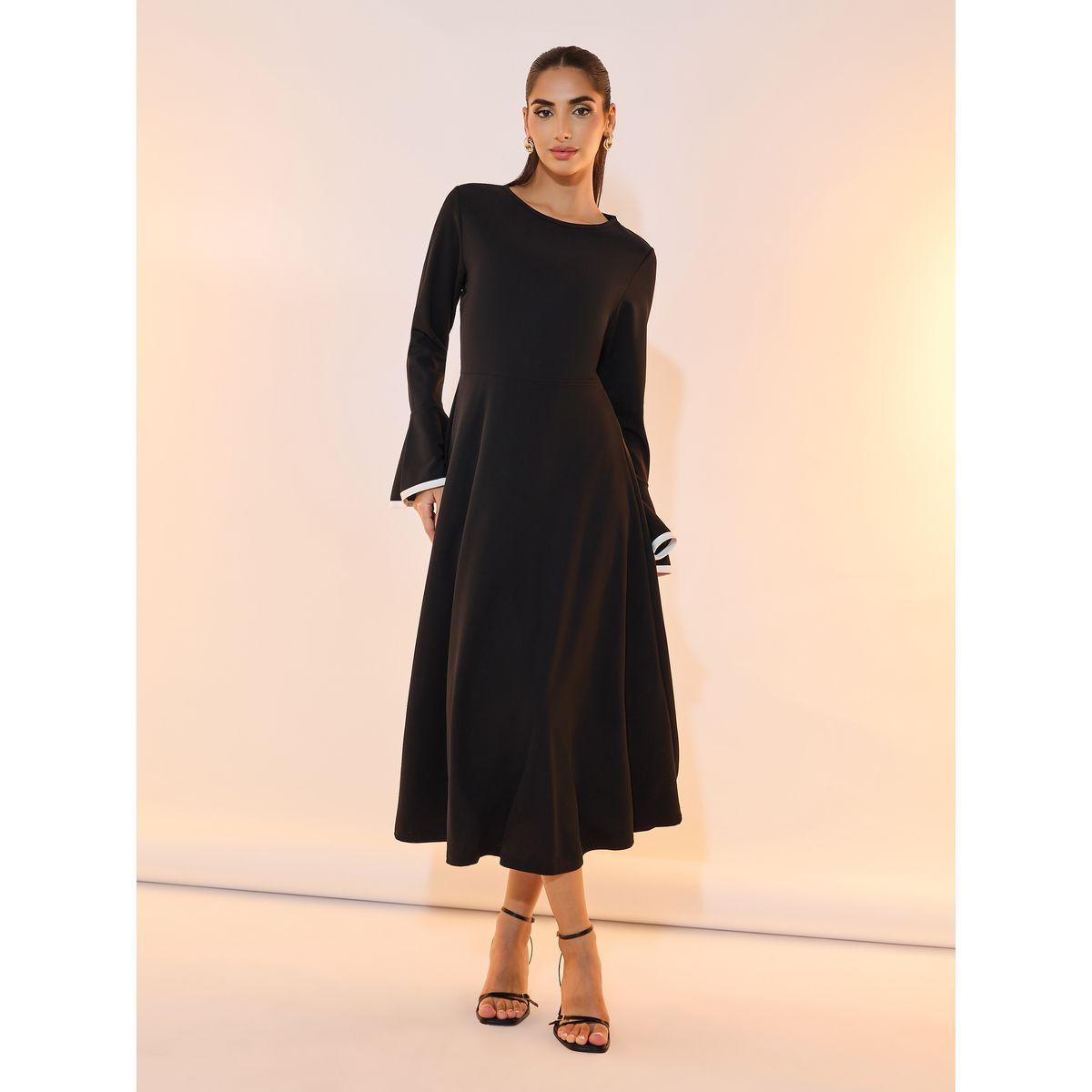 Take Two Contrast Bell Sleeves A-Line Midi Dress-women-clothing-dresses-image-1