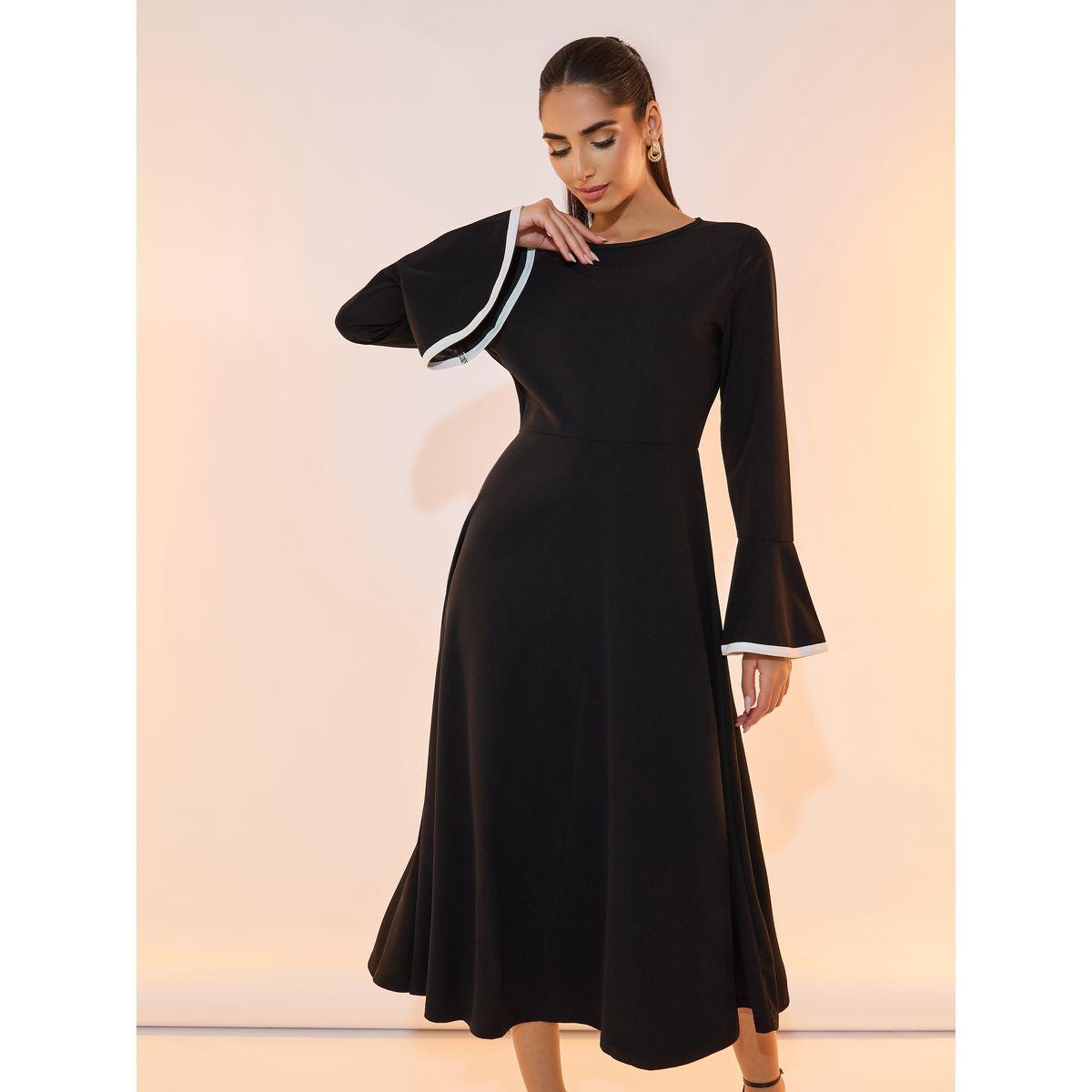 Take Two Contrast Bell Sleeves A-Line Midi Dress-women-clothing-dresses-image-2