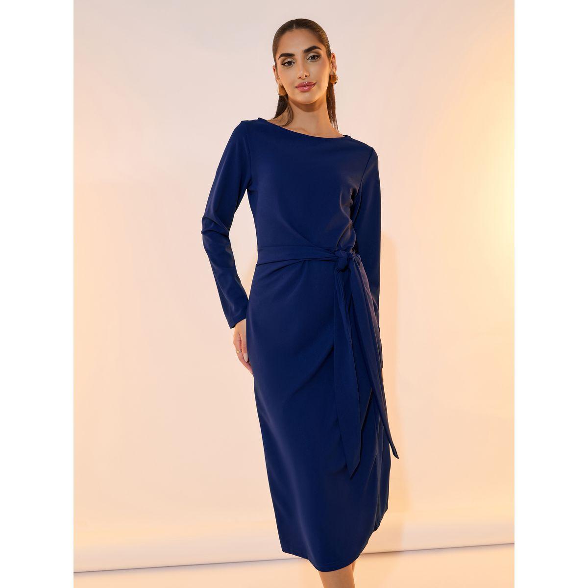 Take Two Solid Tie Waist Detail Boat Neck Midi Dress-women-clothing-dresses-image-2