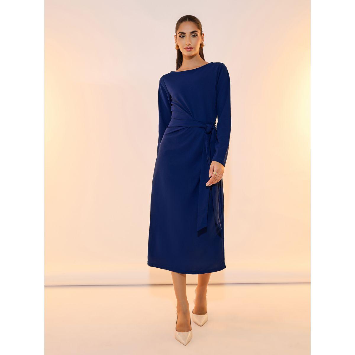 Take Two Solid Tie Waist Detail Boat Neck Midi Dress-women-clothing-dresses-image-4