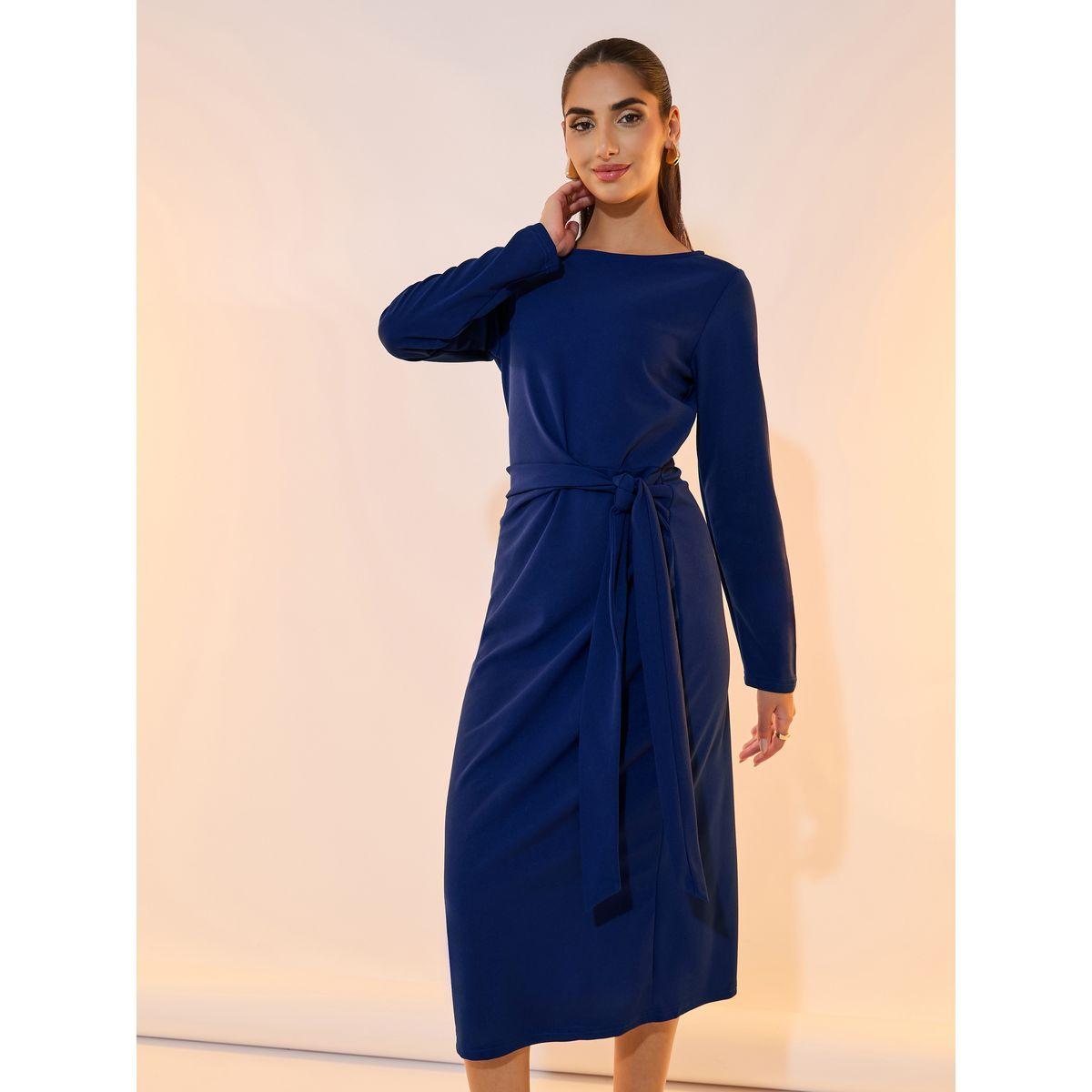 Take Two Solid Tie Waist Detail Boat Neck Midi Dress-women-clothing-dresses-image-5