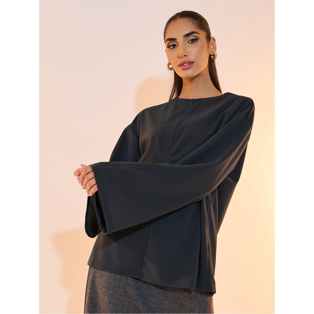 Take Two Solid Half-Zipper Bell Slevee Blouse-women-clothing-shirtsandblouses-blouses-image-1