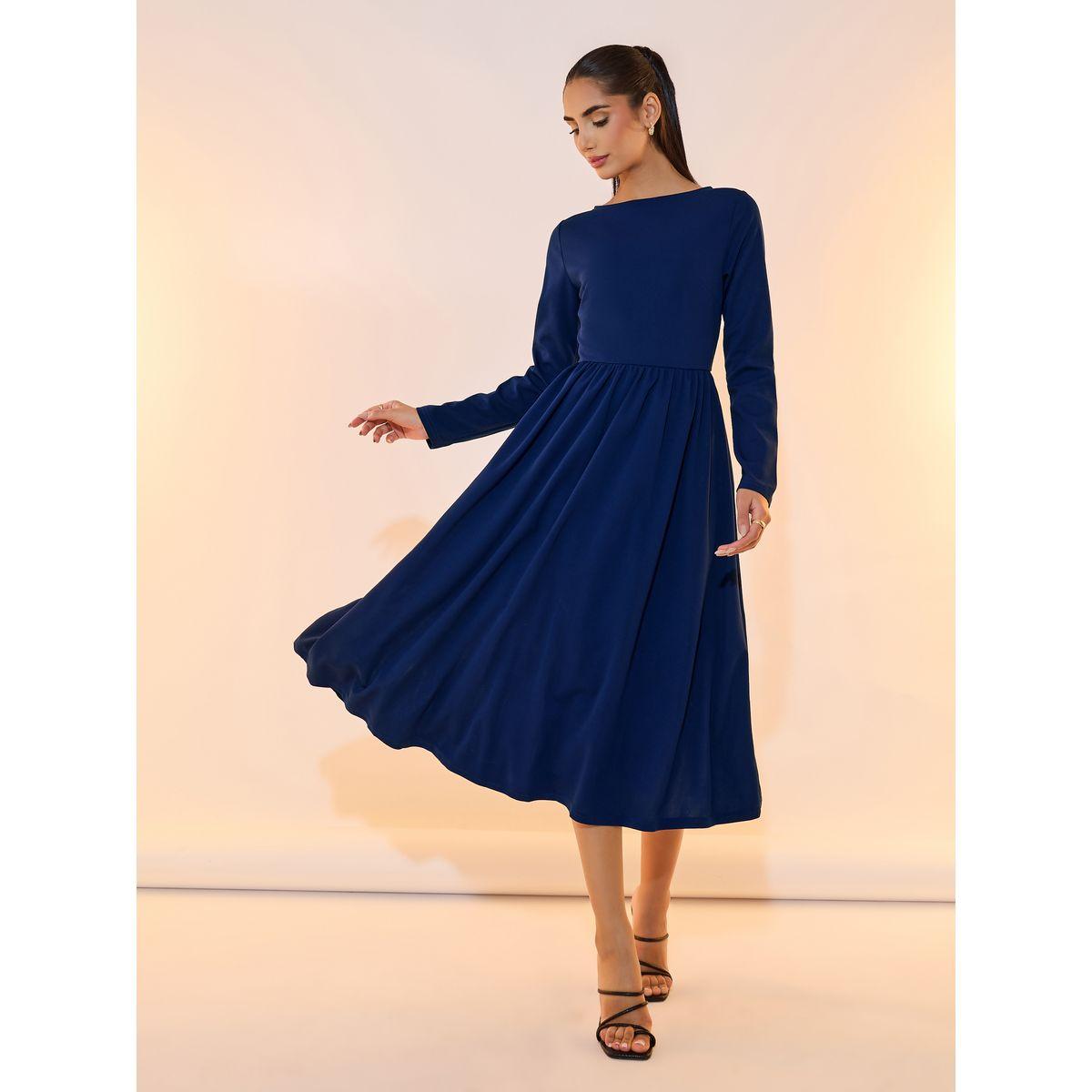 فستان ميدي سادة بياقة قارب وكسرات-women-clothing-dresses-image-1